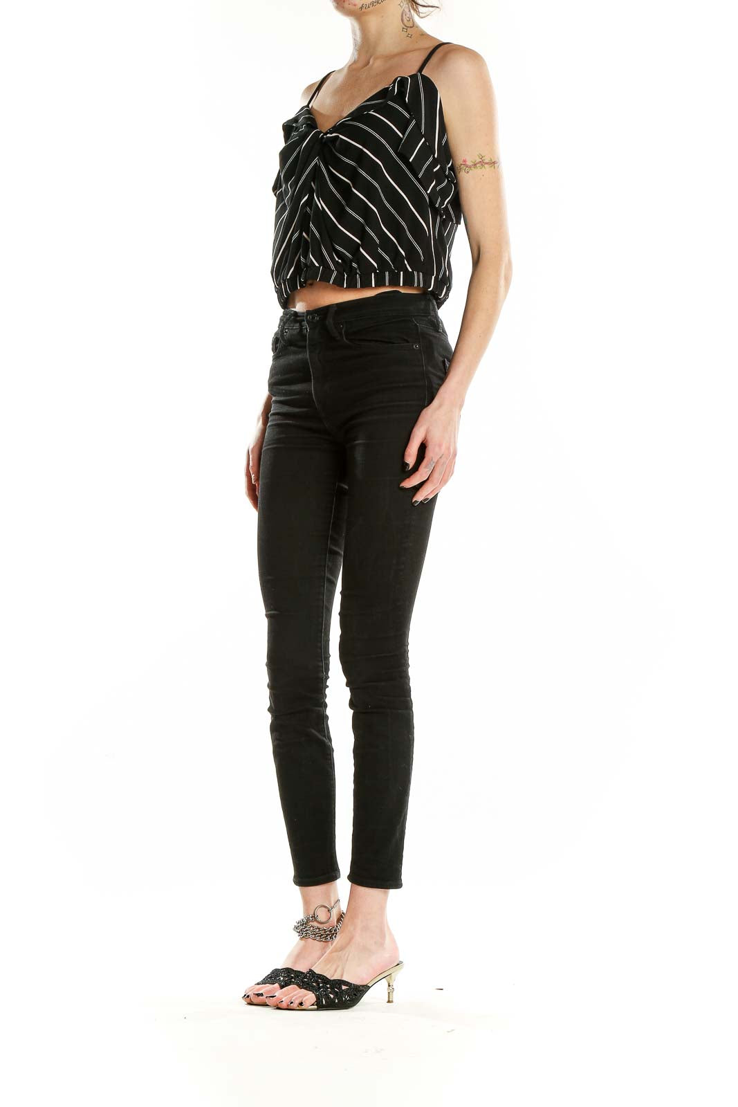 Front view of Express Black Striped Cropped Camisole Top with V-neckline