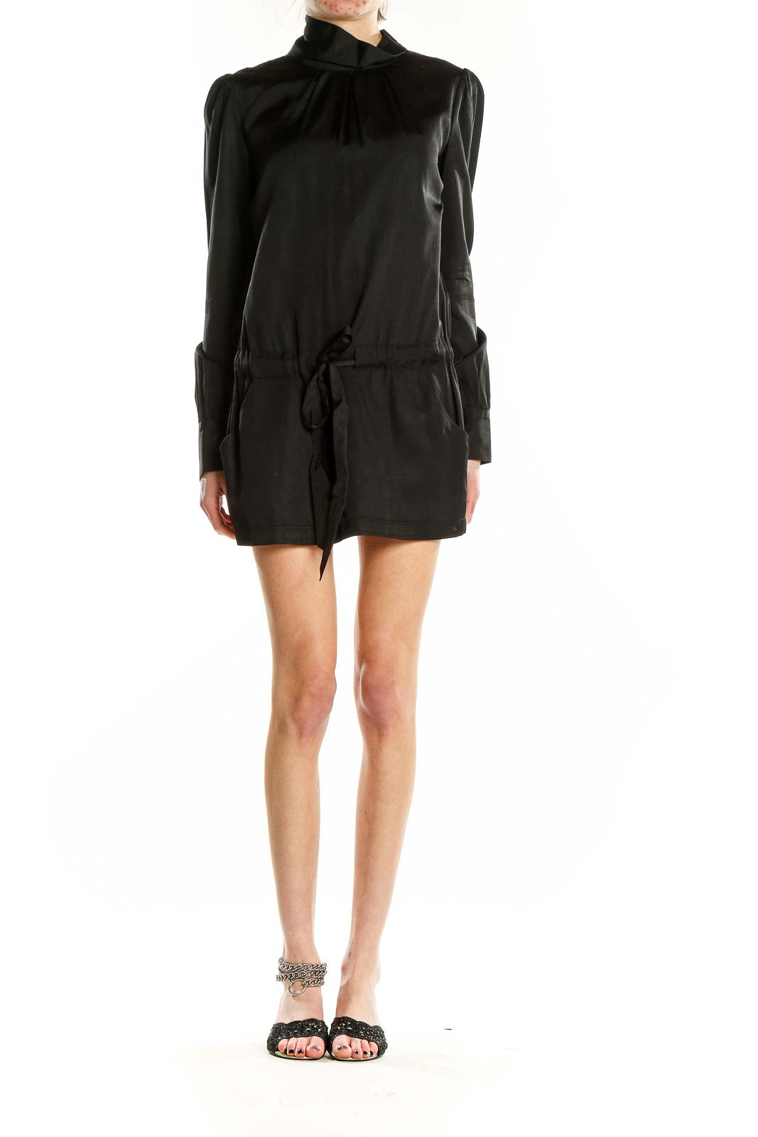 Front view of black Roni mini dress with turtleneck and puff sleeves