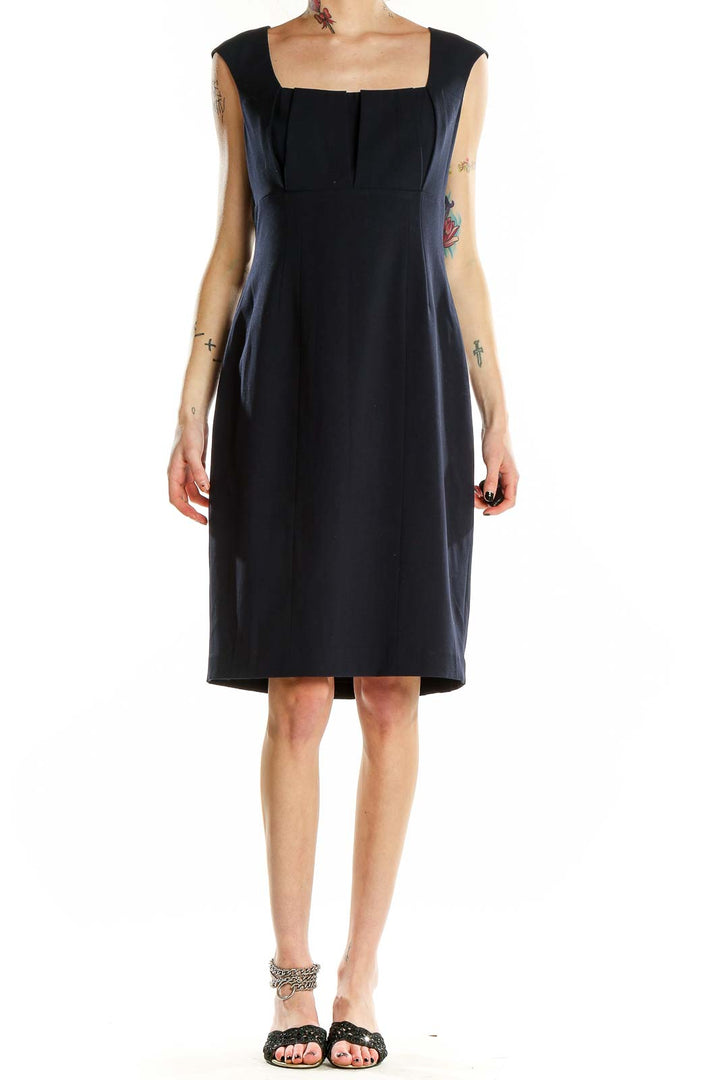 Front view of Calvin Klein black sheath dress with square neckline