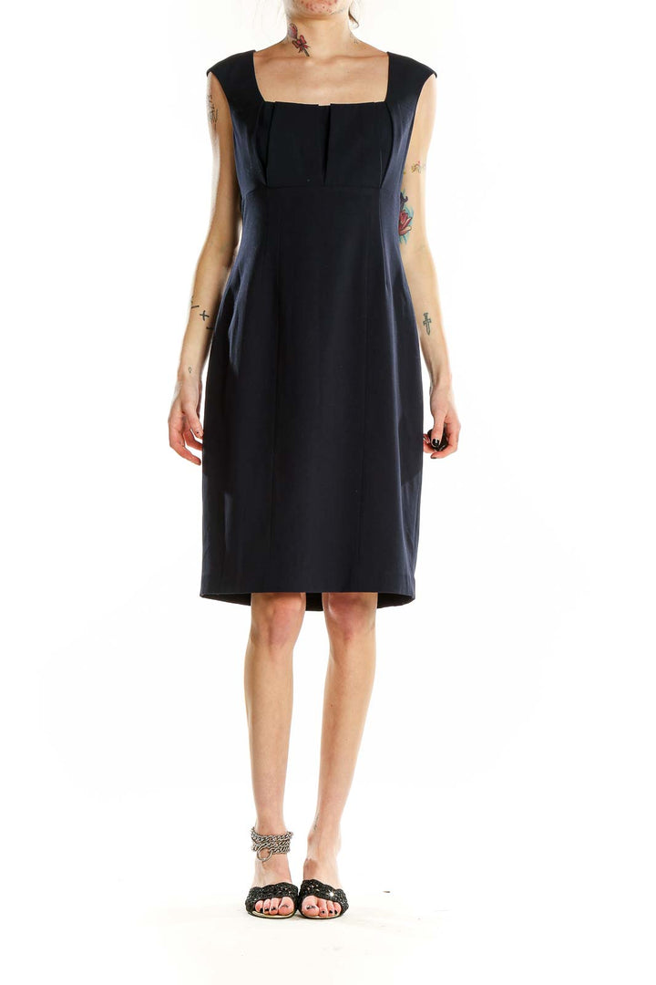 Front view of Calvin Klein black sheath dress with square neckline