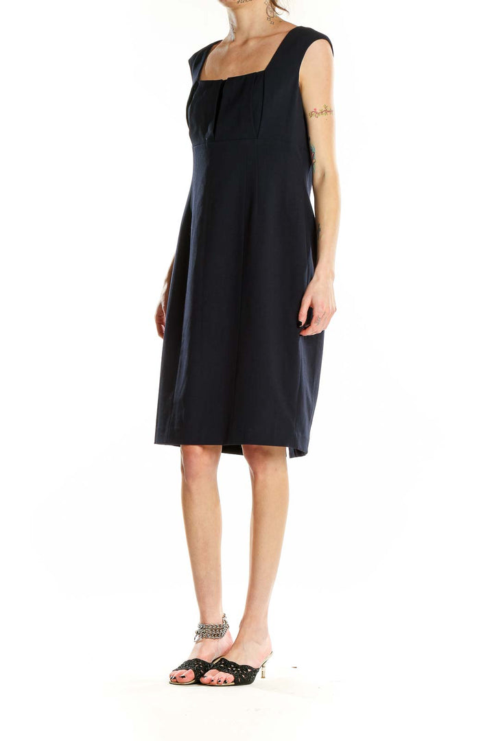 Front view of Calvin Klein black sheath dress with square neckline