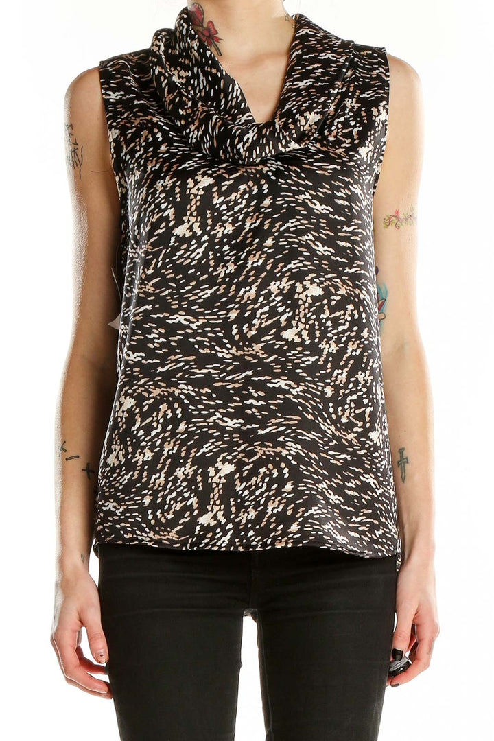 Front view of H by Halston black and white abstract print sleeveless top with cowl neck