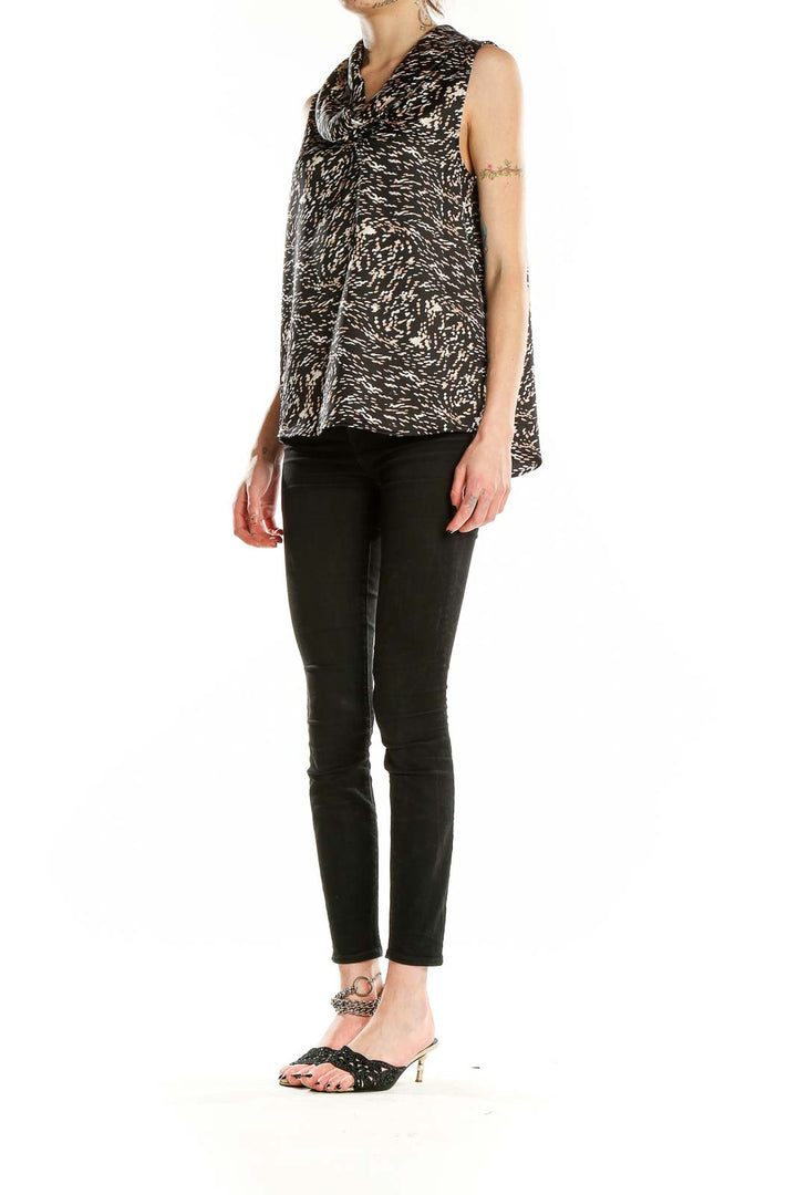 Front view of H by Halston black and white abstract print sleeveless top with cowl neck