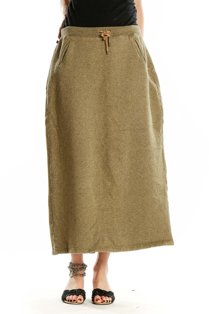 Front view of olive Lauren Ralph Lauren maxi skirt with drawstring waist