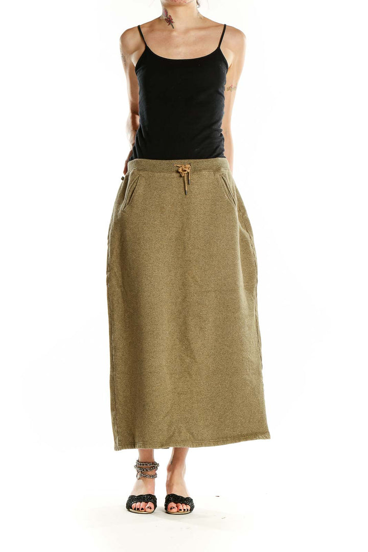 Front view of olive Lauren Ralph Lauren maxi skirt with drawstring waist