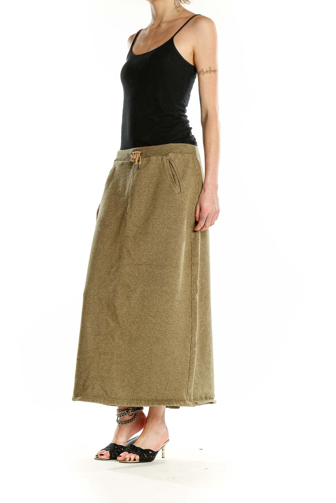 Front view of olive Lauren Ralph Lauren maxi skirt with drawstring waist