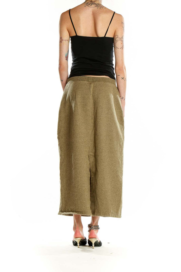 Back view of olive Lauren Ralph Lauren maxi skirt showing relaxed fit