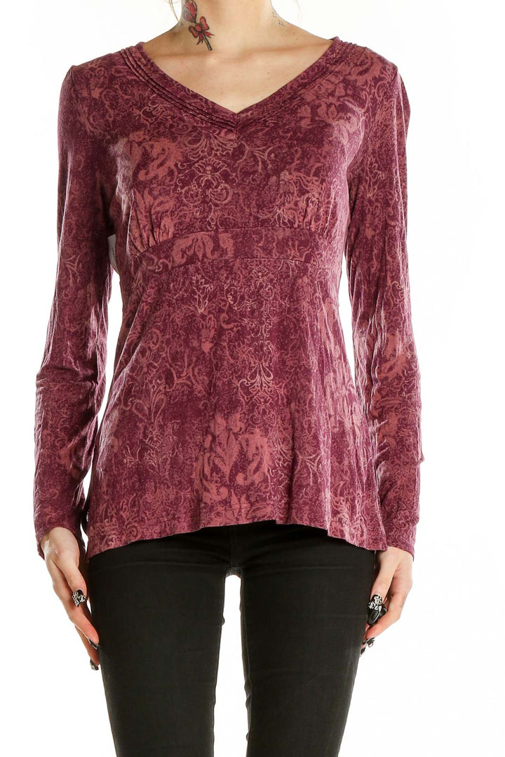 Burgundy V Neck Long Sleeve Paisley Shirt