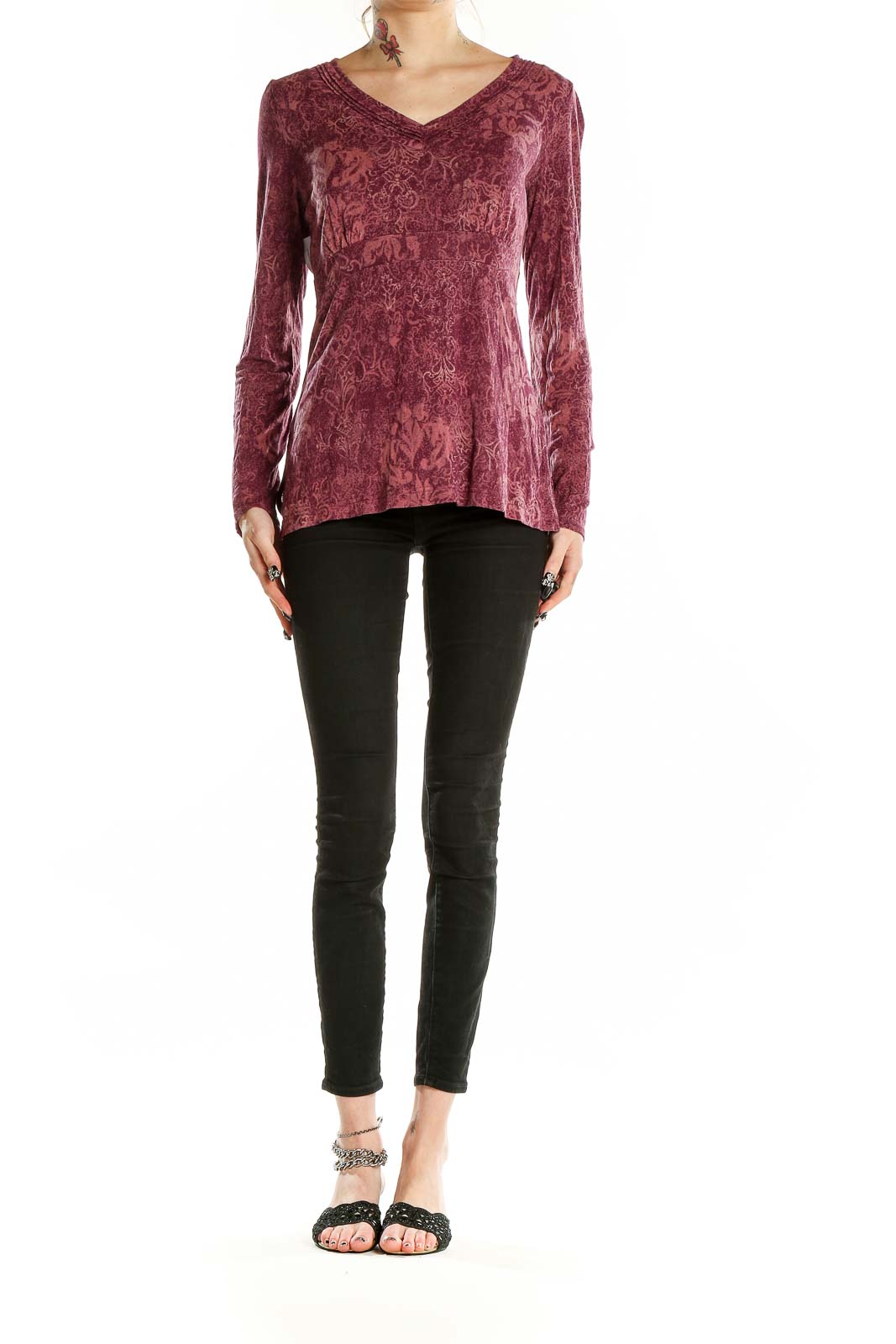 Burgundy V Neck Long Sleeve Paisley Shirt