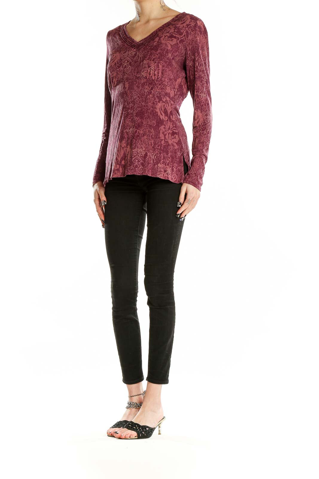 Burgundy V Neck Long Sleeve Paisley Shirt