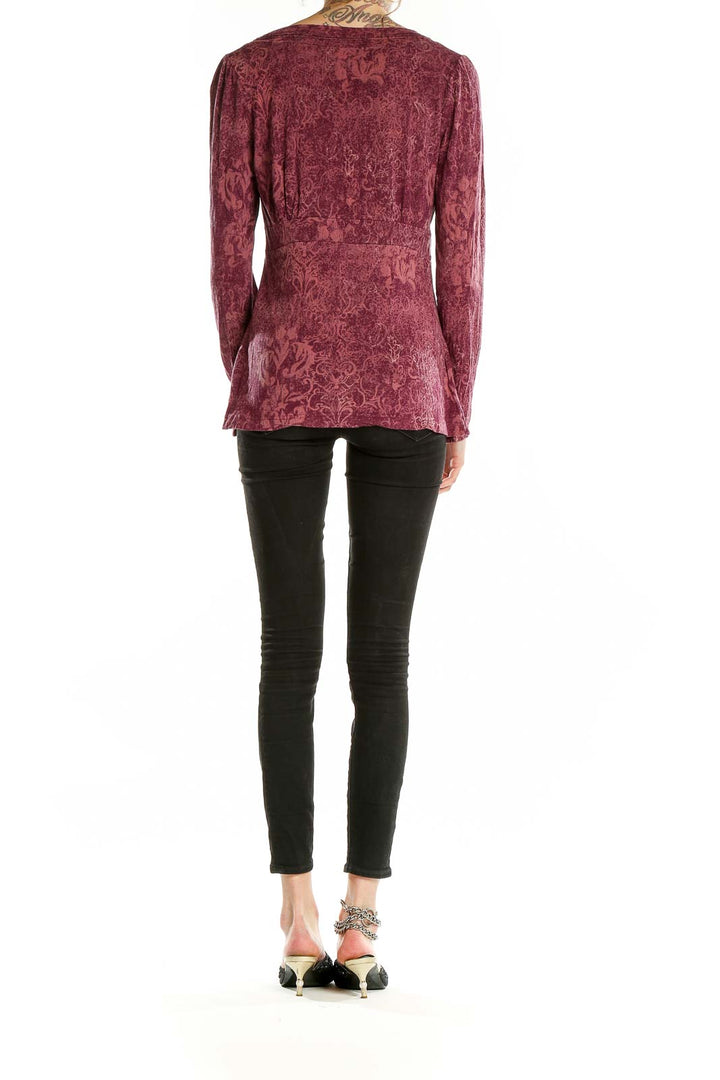 Burgundy V Neck Long Sleeve Paisley Shirt