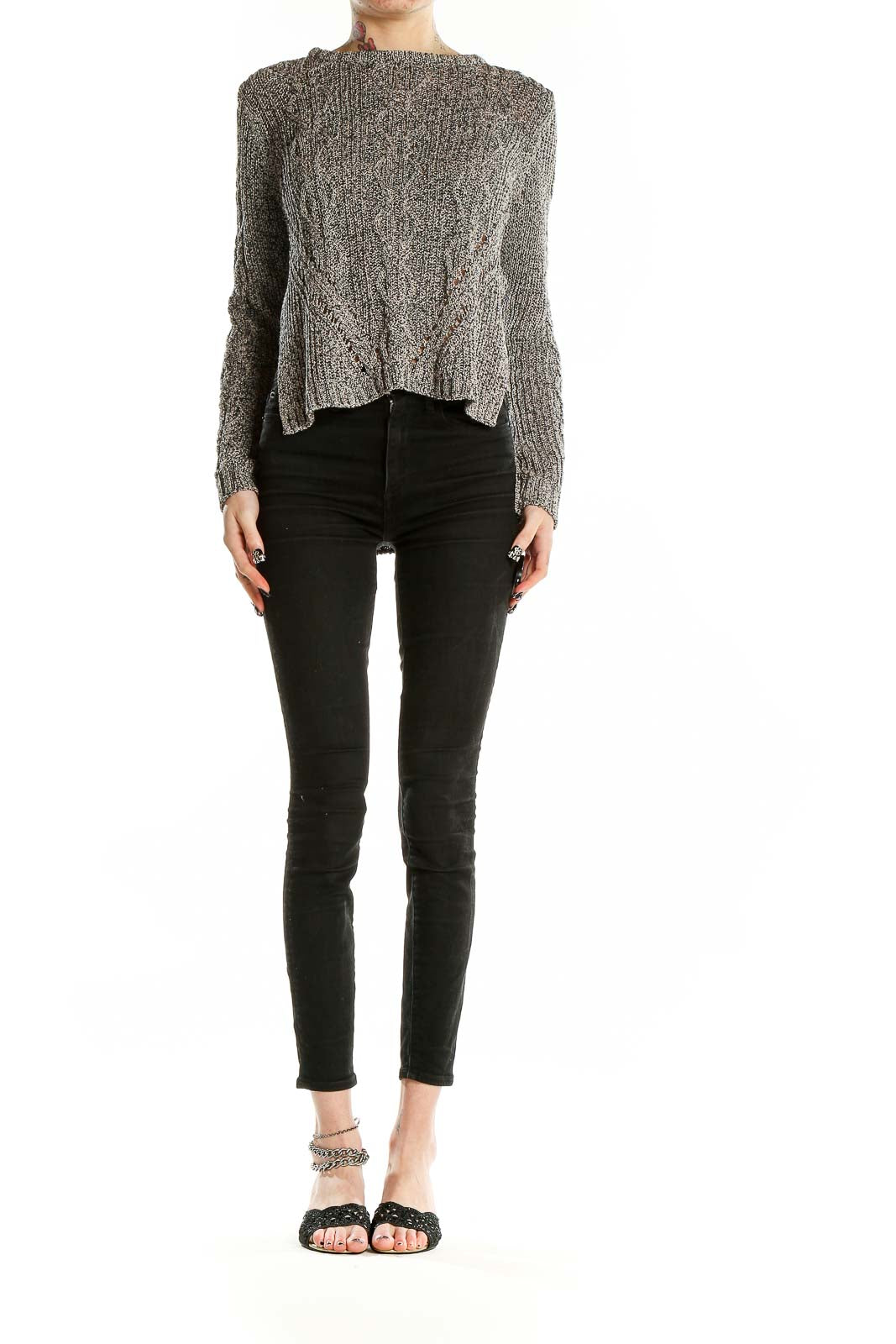 Front view of RACHEL Rachel Roy gray cable knit cropped sweater