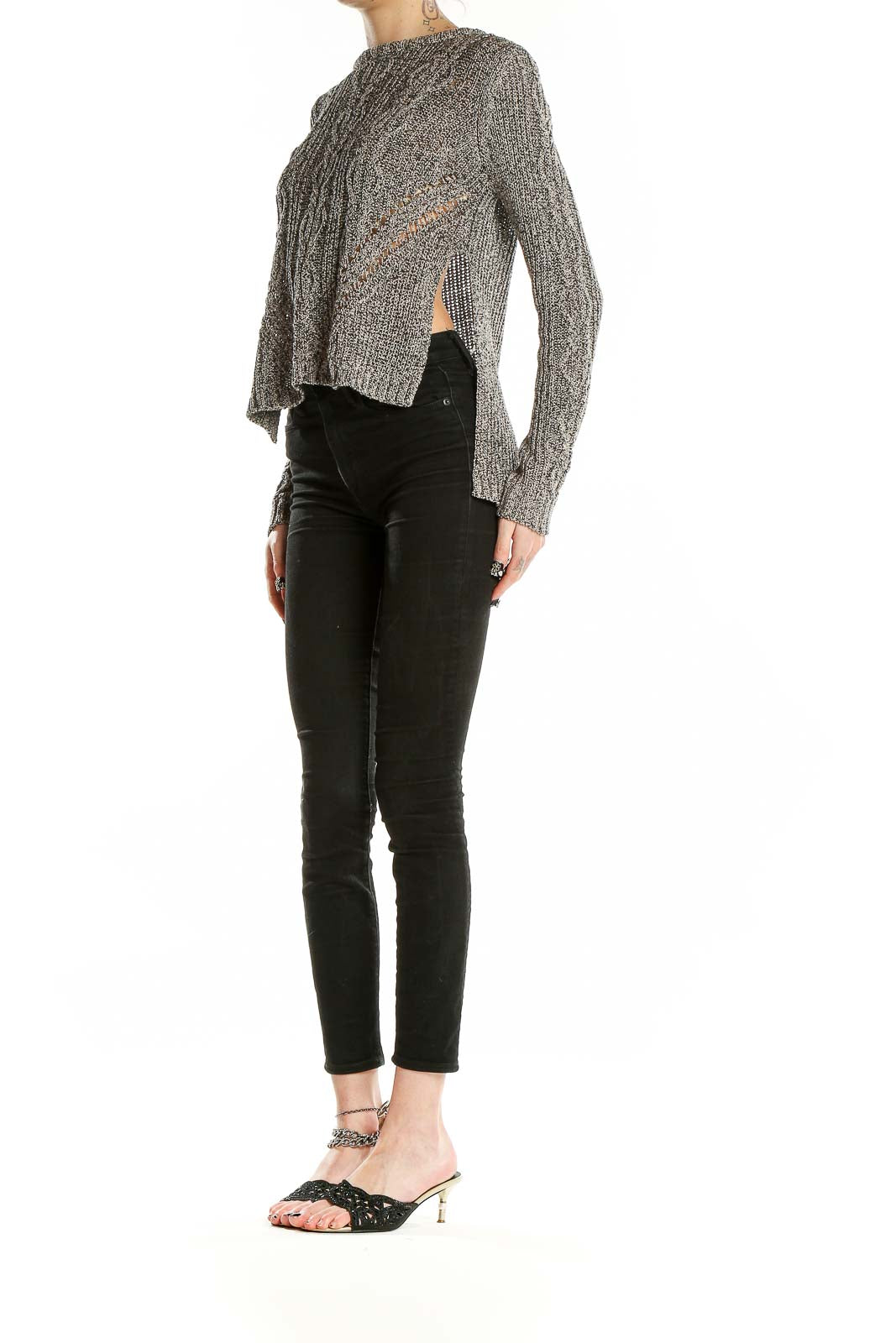 Front view of RACHEL Rachel Roy gray cable knit cropped sweater