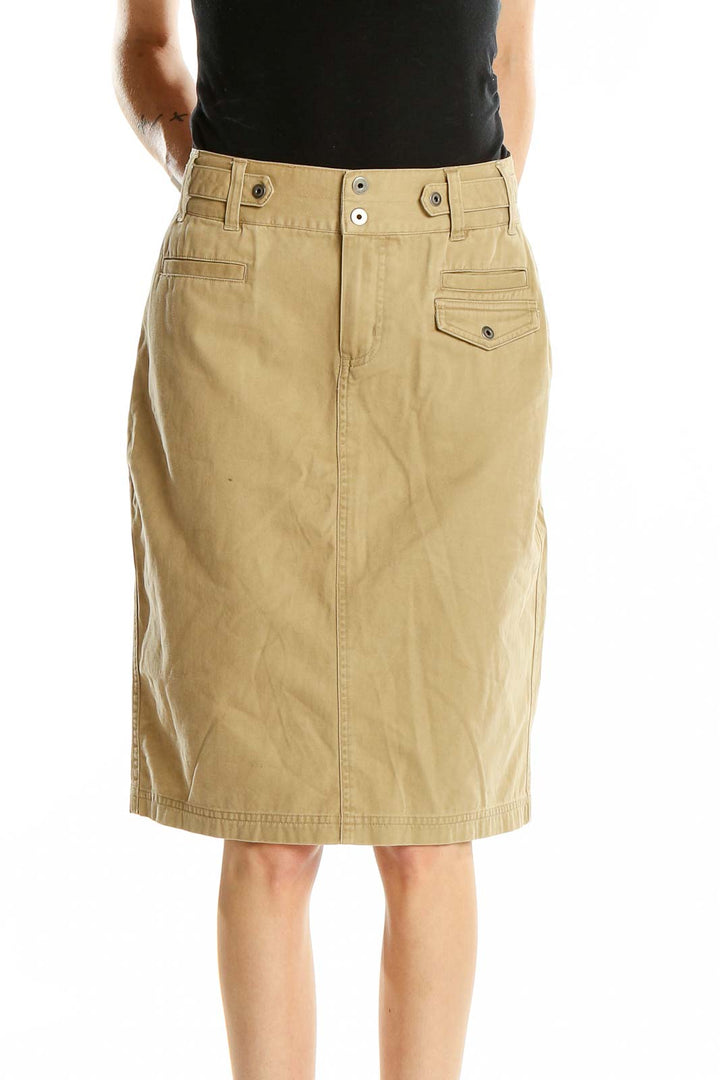 Front view of Columbia khaki cotton utility skirt with side pockets