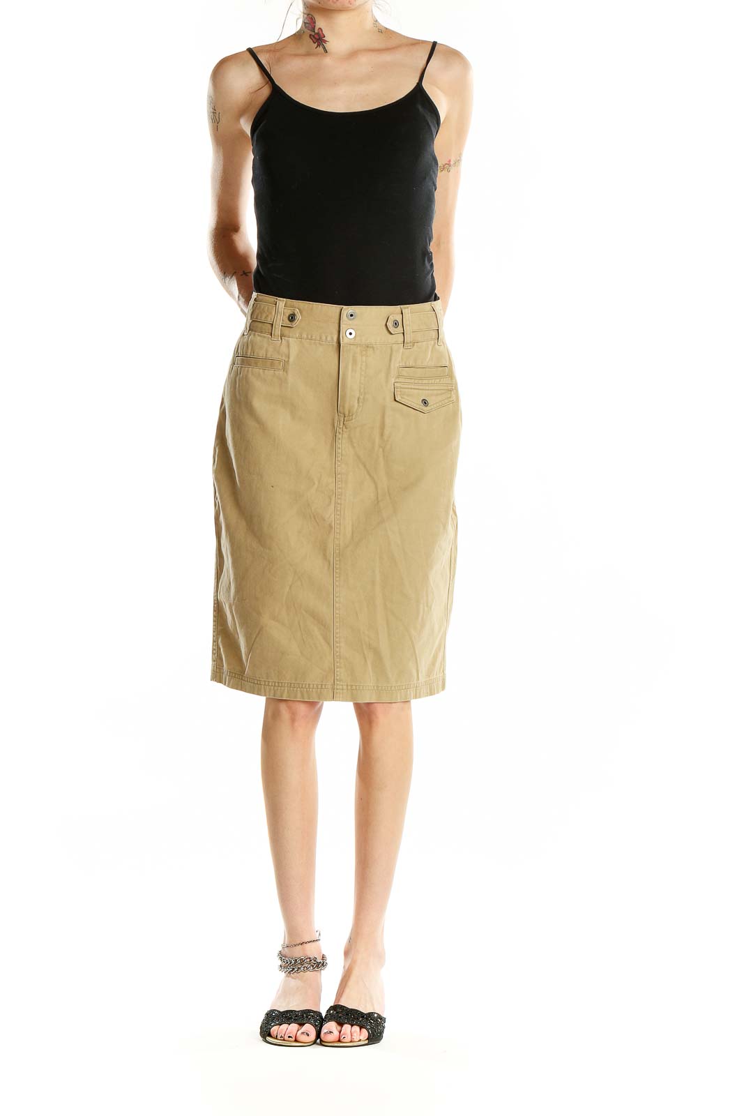 Front view of Columbia khaki cotton utility skirt with side pockets