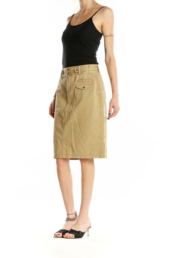 Front view of Columbia khaki cotton utility skirt with side pockets