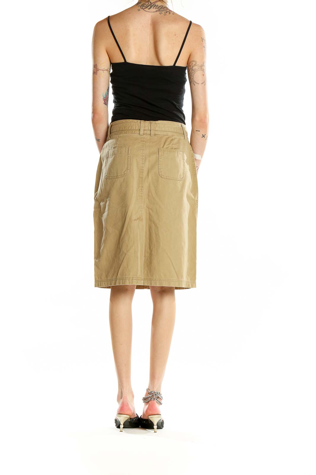 Back view of Columbia khaki cotton utility skirt showing rear pockets