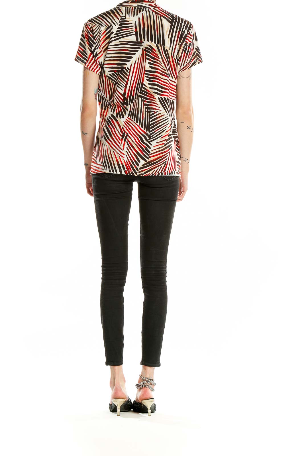 Back view of DKNY red and brown geometric print blouse