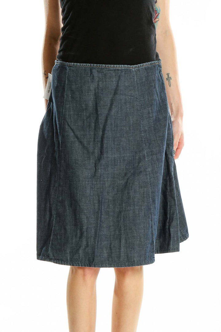 Front view of Halogen blue denim A-line skirt