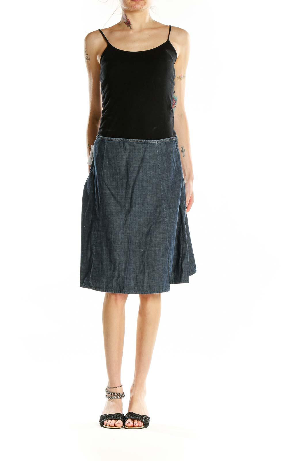 Front view of Halogen blue denim A-line skirt