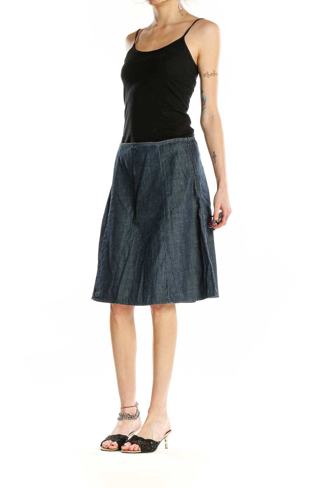 Front view of Halogen blue denim A-line skirt