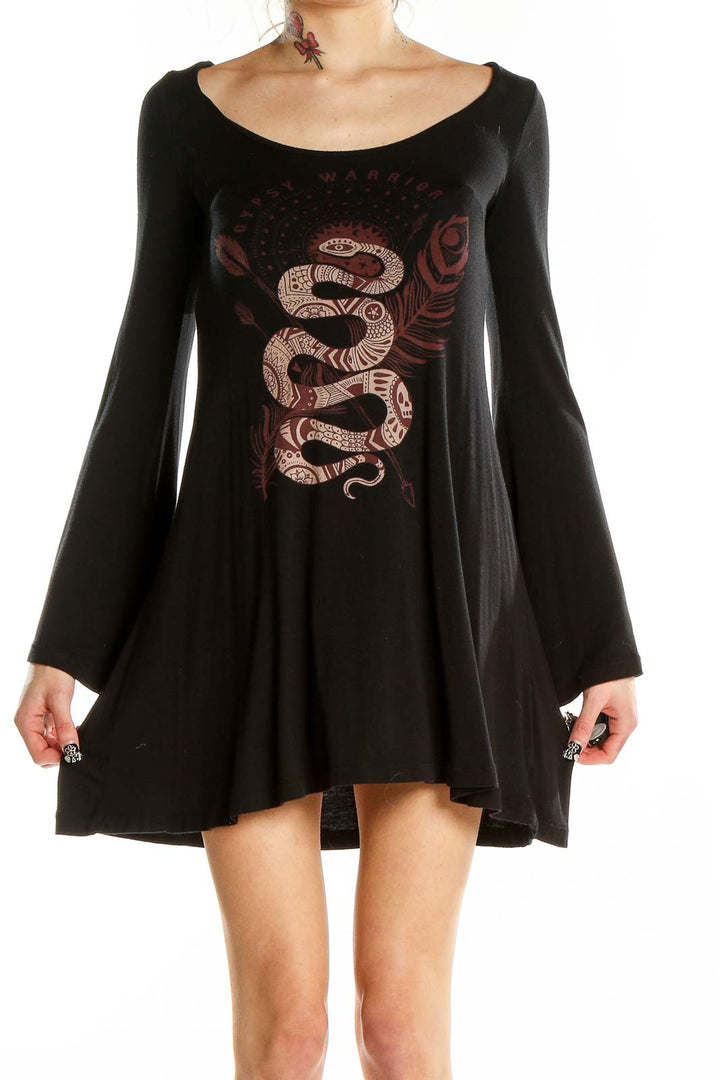 Front view of Gypsy Warrior Black Mini Dress with pink snake print and bell sleeves