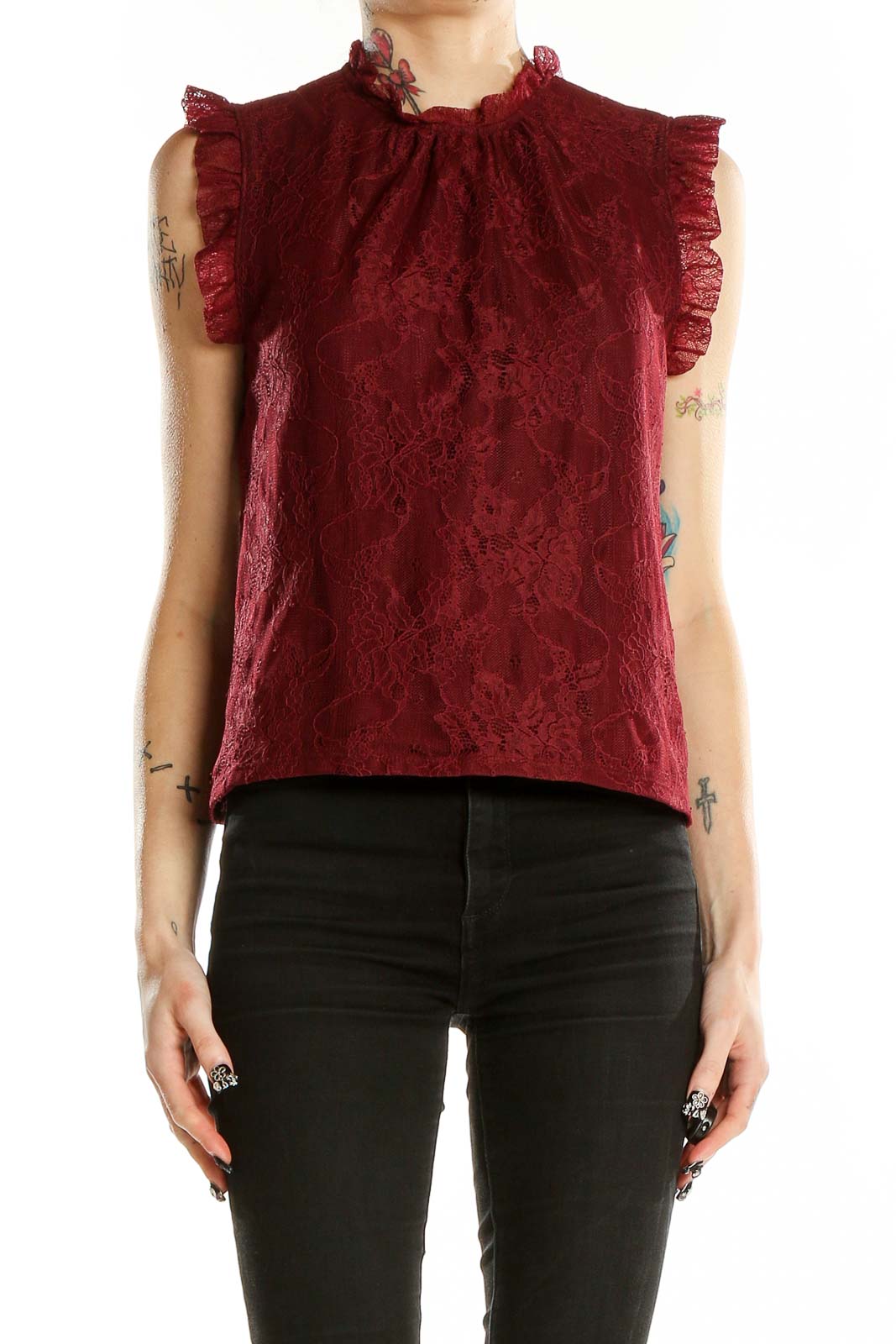 Front view of burgundy lace sleeveless blouse with high ruffled neckline