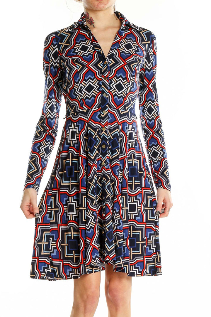 Black Blue Red Flare Long Sleeve Printed Dress