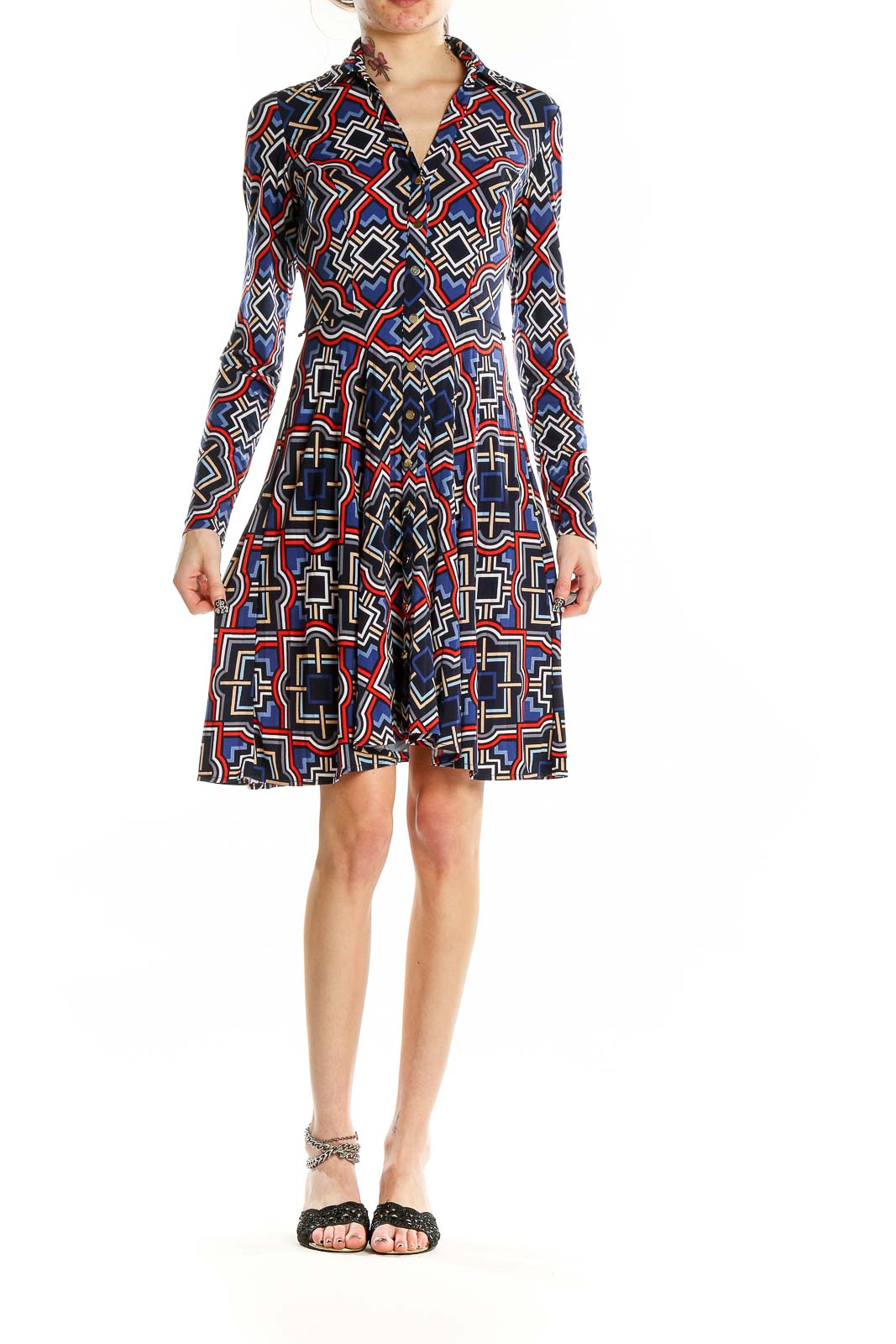 Black Blue Red Flare Long Sleeve Printed Dress