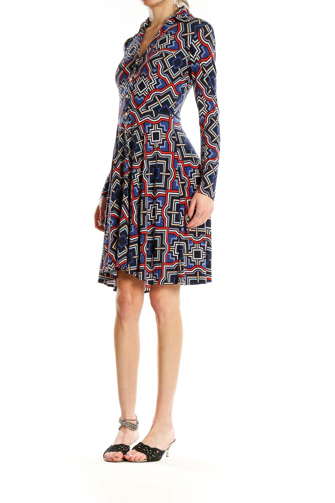 Black Blue Red Flare Long Sleeve Printed Dress