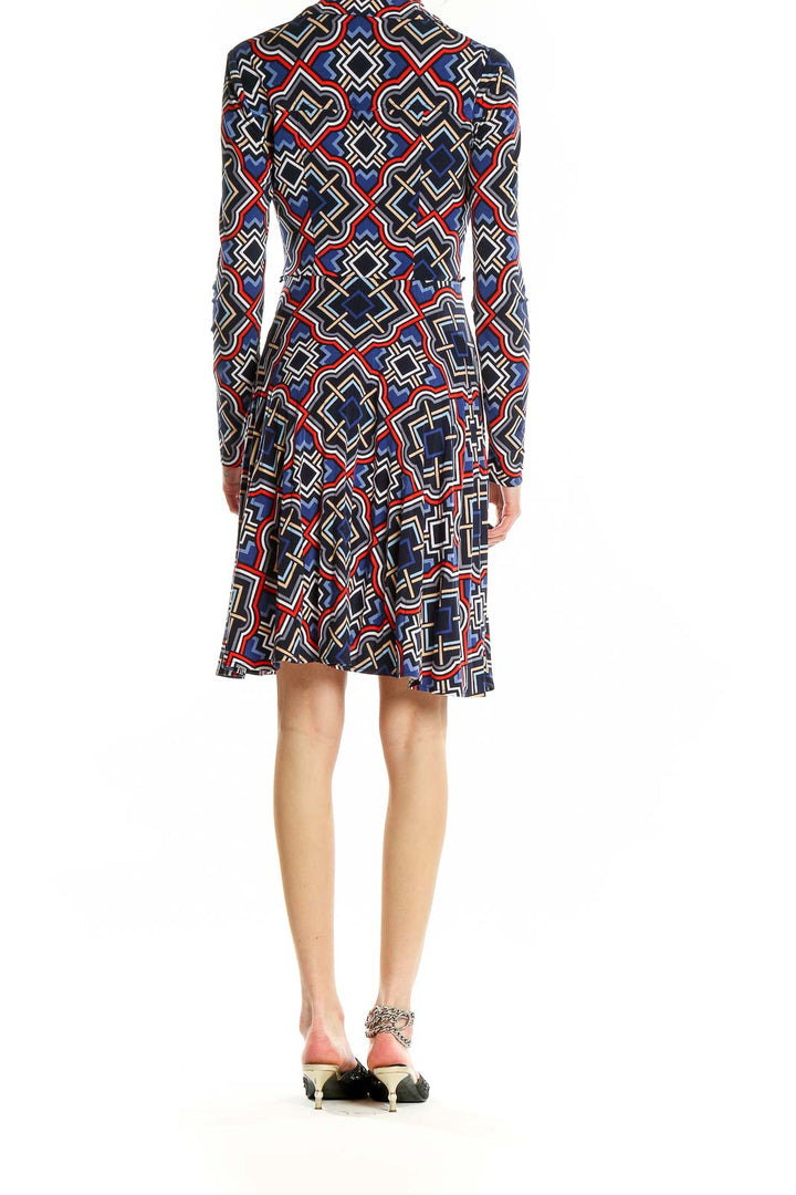 Black Blue Red Flare Long Sleeve Printed Dress