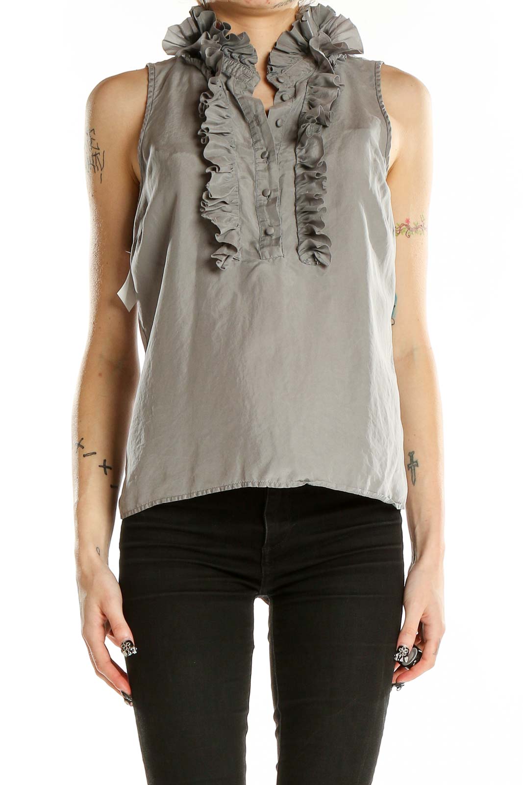 Front view of J.Crew gray silk sleeveless blouse with ruffled neckline