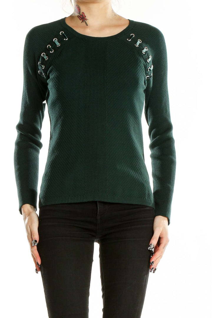 Front view of INC forest green ribbed sweater with lace-up shoulder details