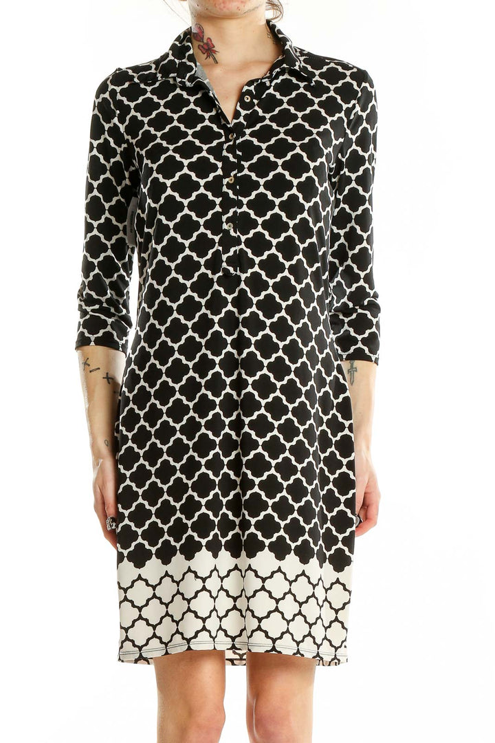 Front view of Max Studio Black and White Geometric Print Shirt Dress with quatrefoil pattern