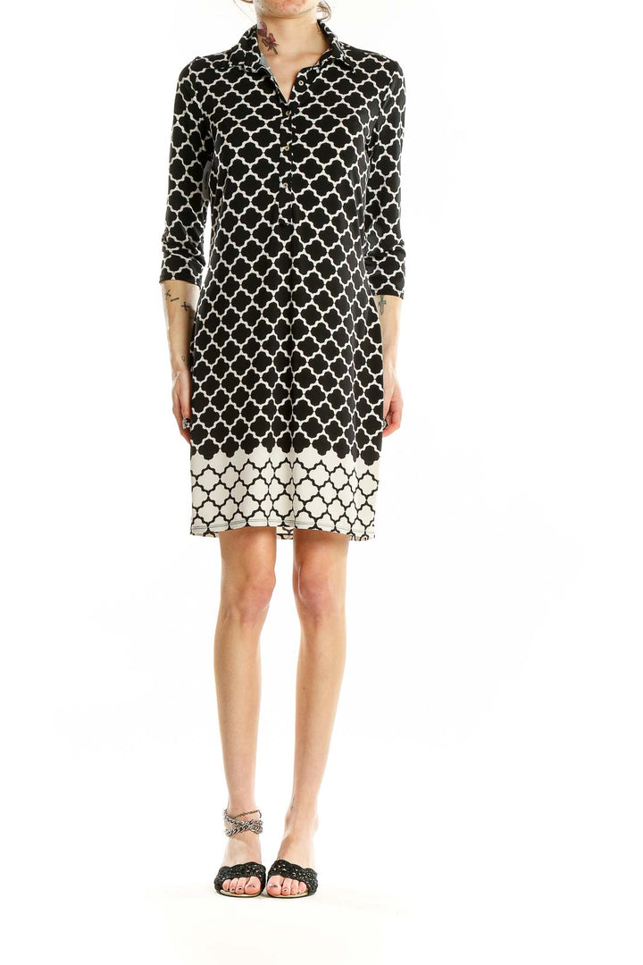 Front view of Max Studio Black and White Geometric Print Shirt Dress with quatrefoil pattern