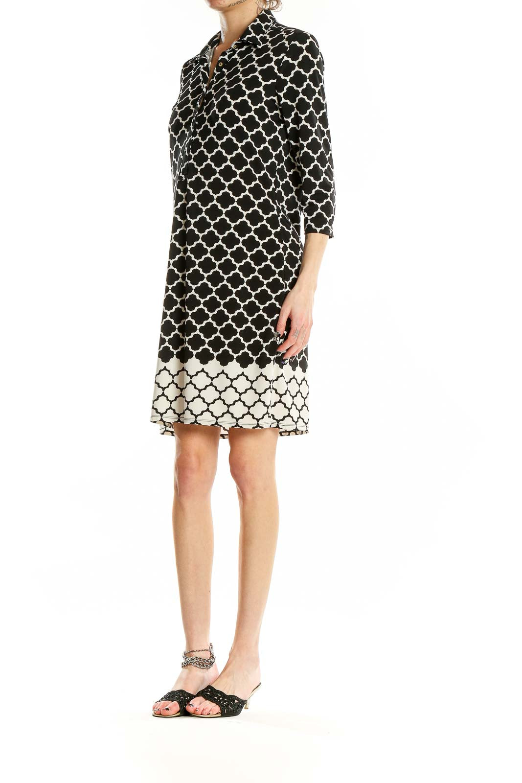 Front view of Max Studio Black and White Geometric Print Shirt Dress with quatrefoil pattern