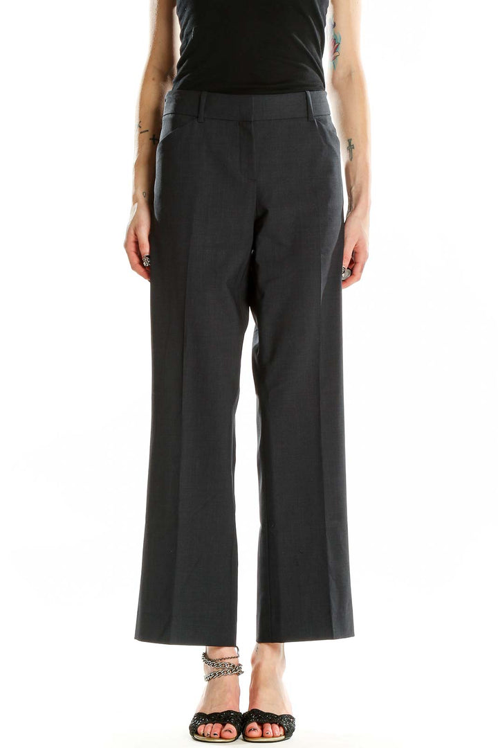 Front view of Theory gray wool blend wide-leg trousers on model