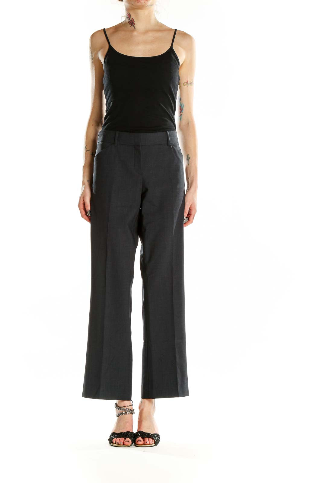 Front view of Theory gray wool blend wide-leg trousers on model