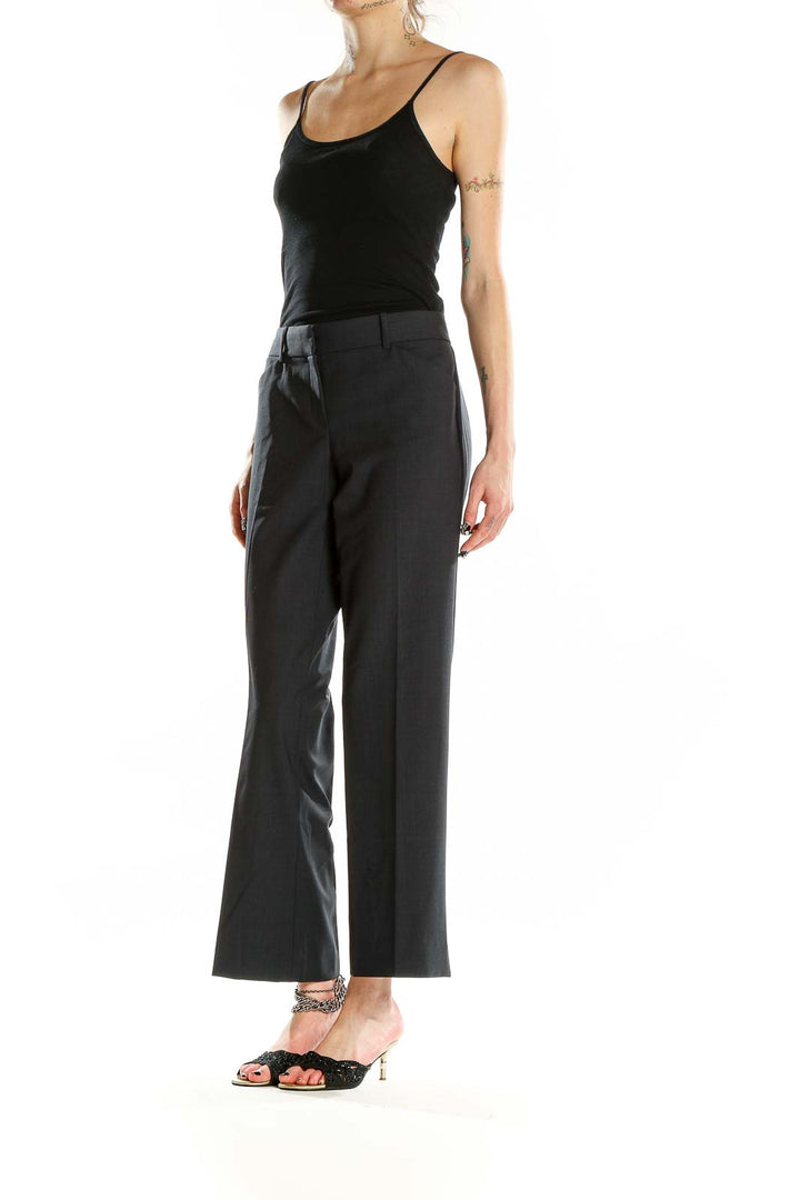 Front view of Theory gray wool blend wide-leg trousers on model