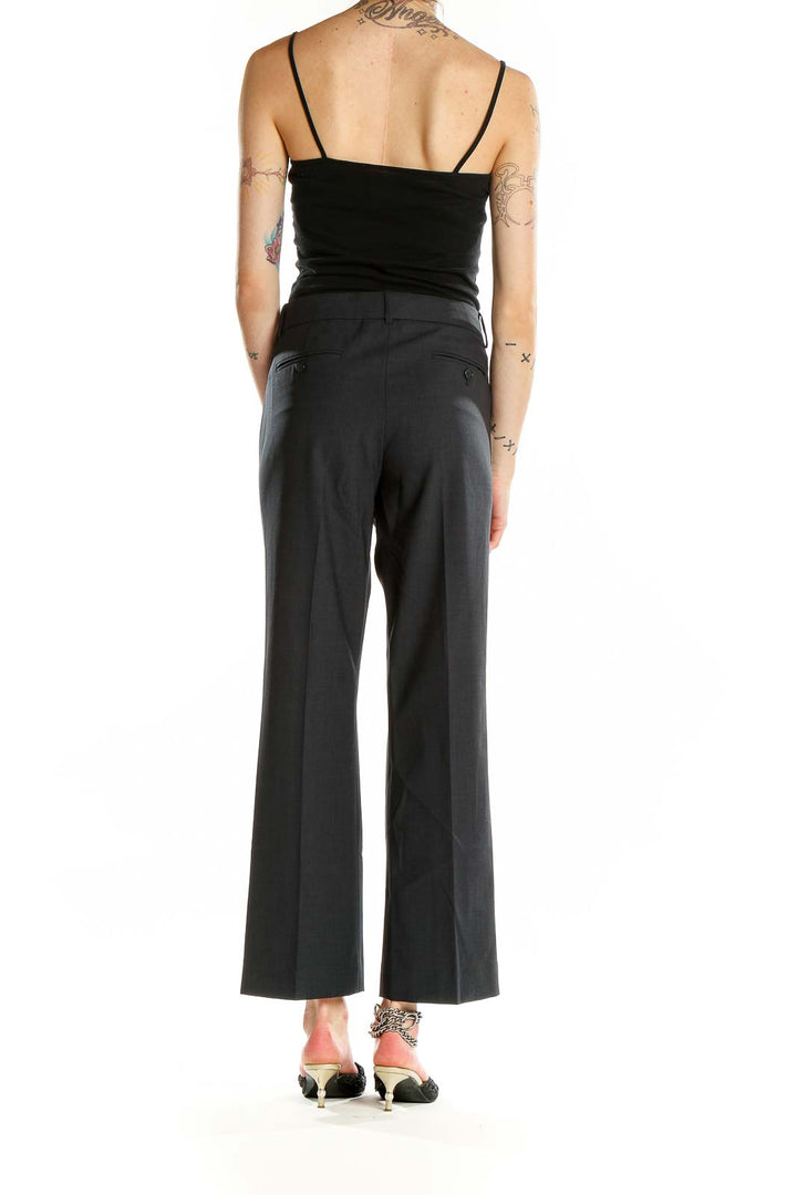 Back view of Theory gray wool blend wide-leg trousers on model