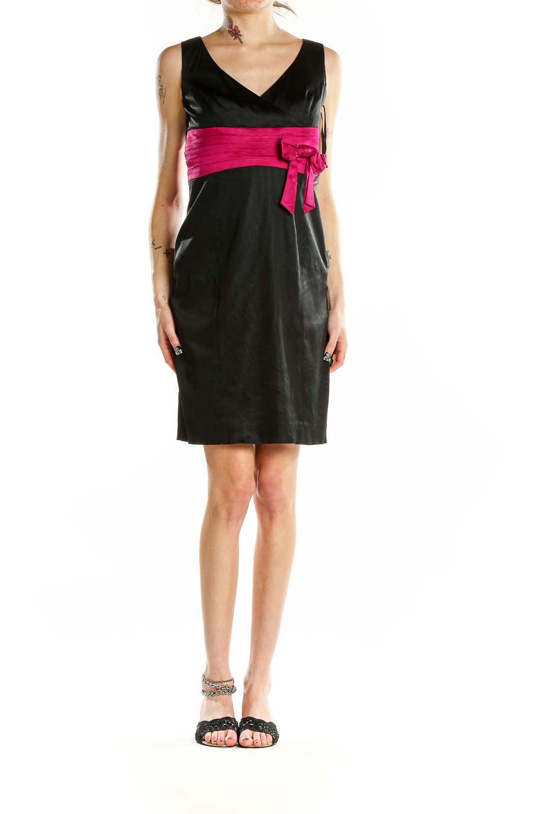 Front view of Jones New York black cocktail dress with pink sash