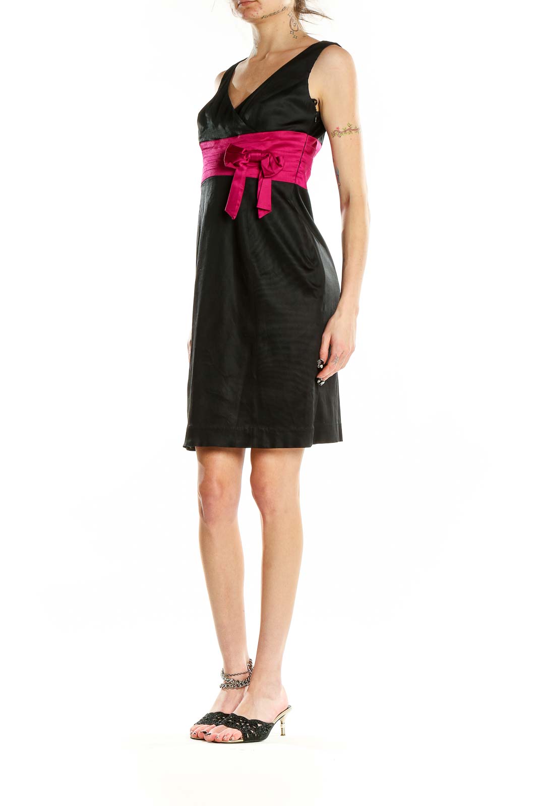 Front view of Jones New York black cocktail dress with pink sash