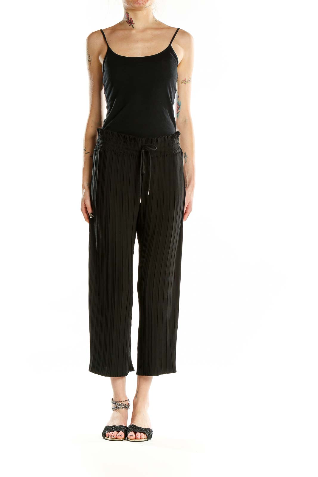 Front view of Rachel Zoe black pleated wide-leg cropped pants