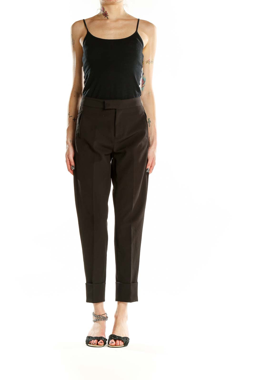 Front view of Akiabara brown tailored trousers with high waist and cuffed hems