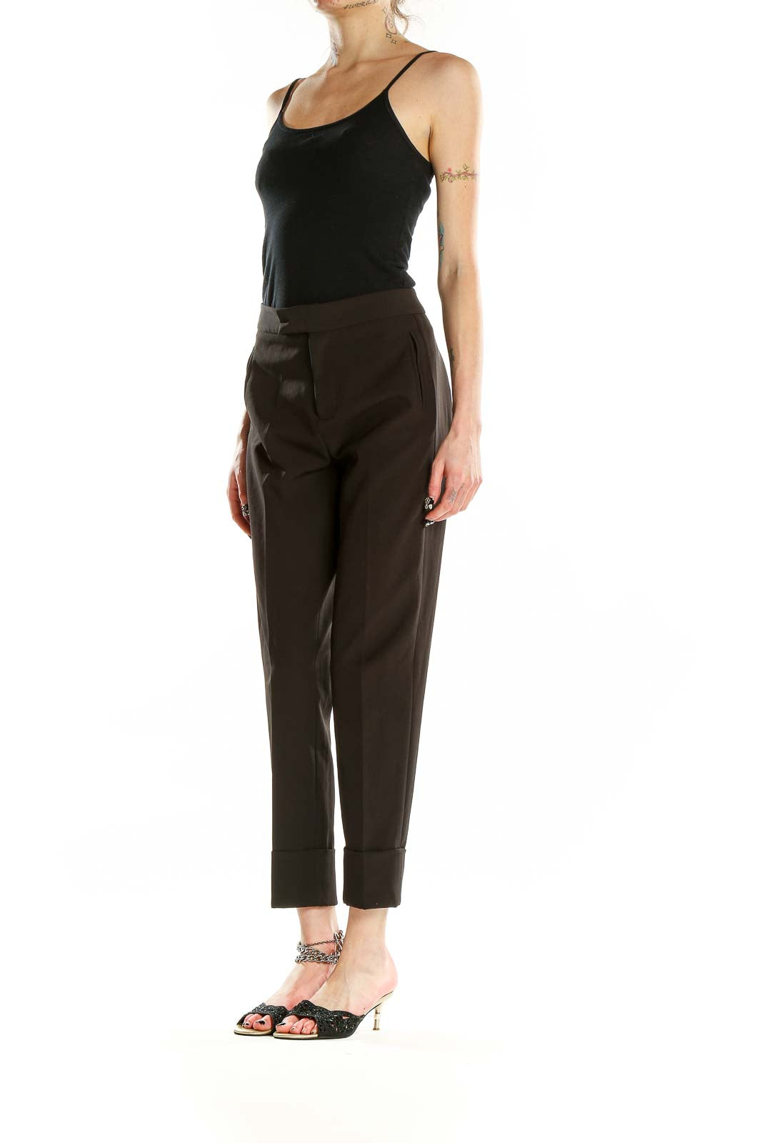 Front view of Akiabara brown tailored trousers with high waist and cuffed hems