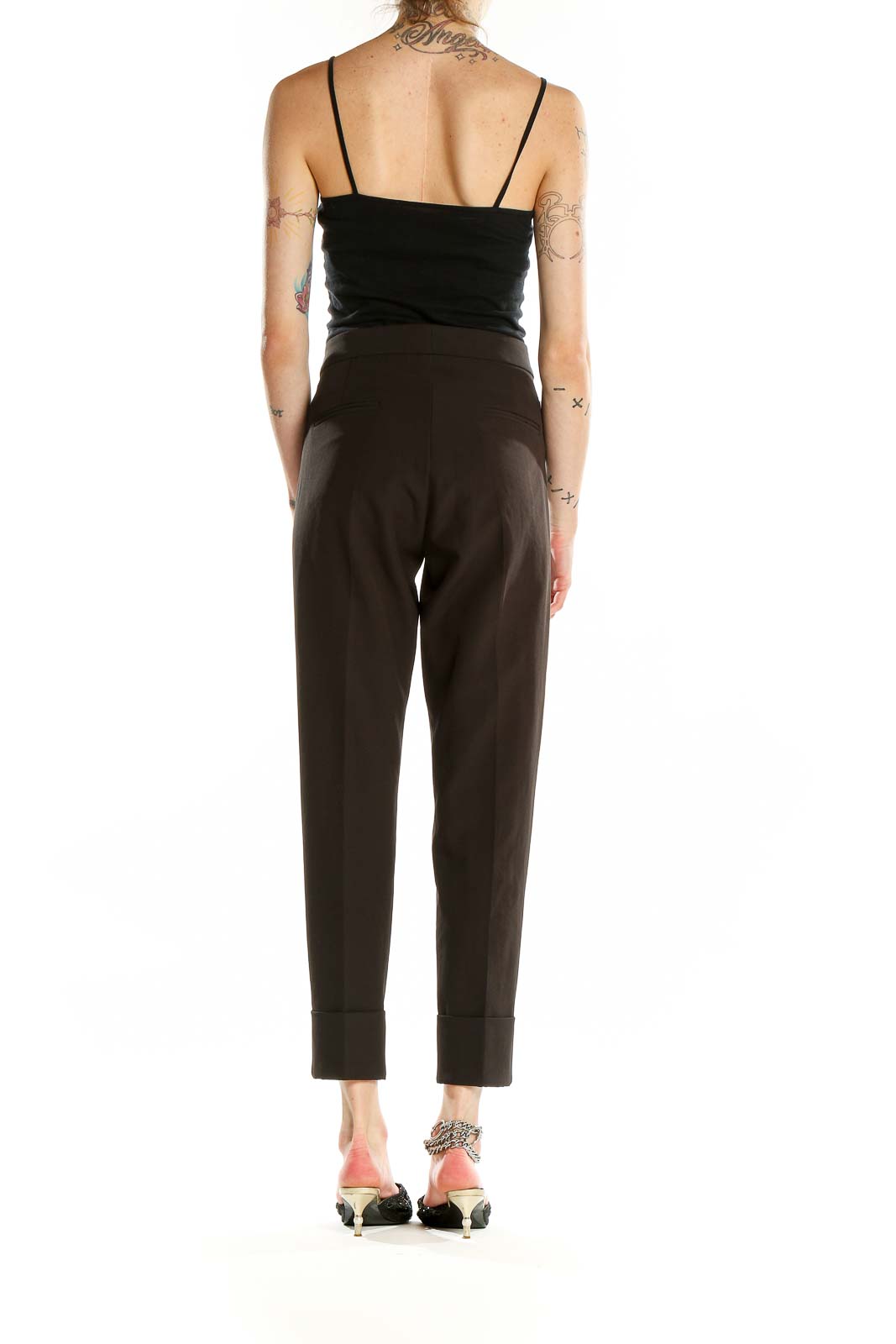 Back view of Akiabara brown tailored trousers showing flattering fit