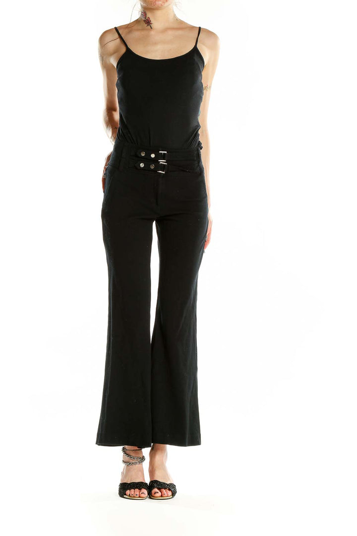 Front view of black high-waisted wide-leg pants with triple-buckle waist detail