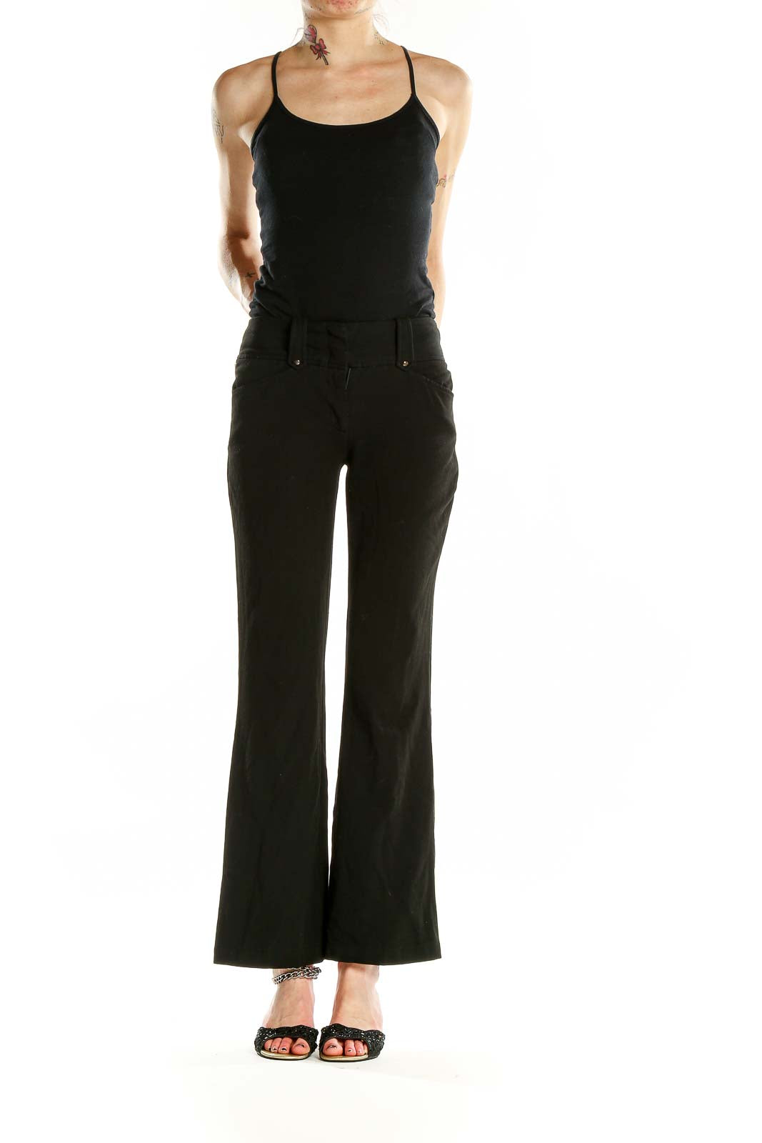 Front view of BCBG MaxAzria black wide-leg dress pants