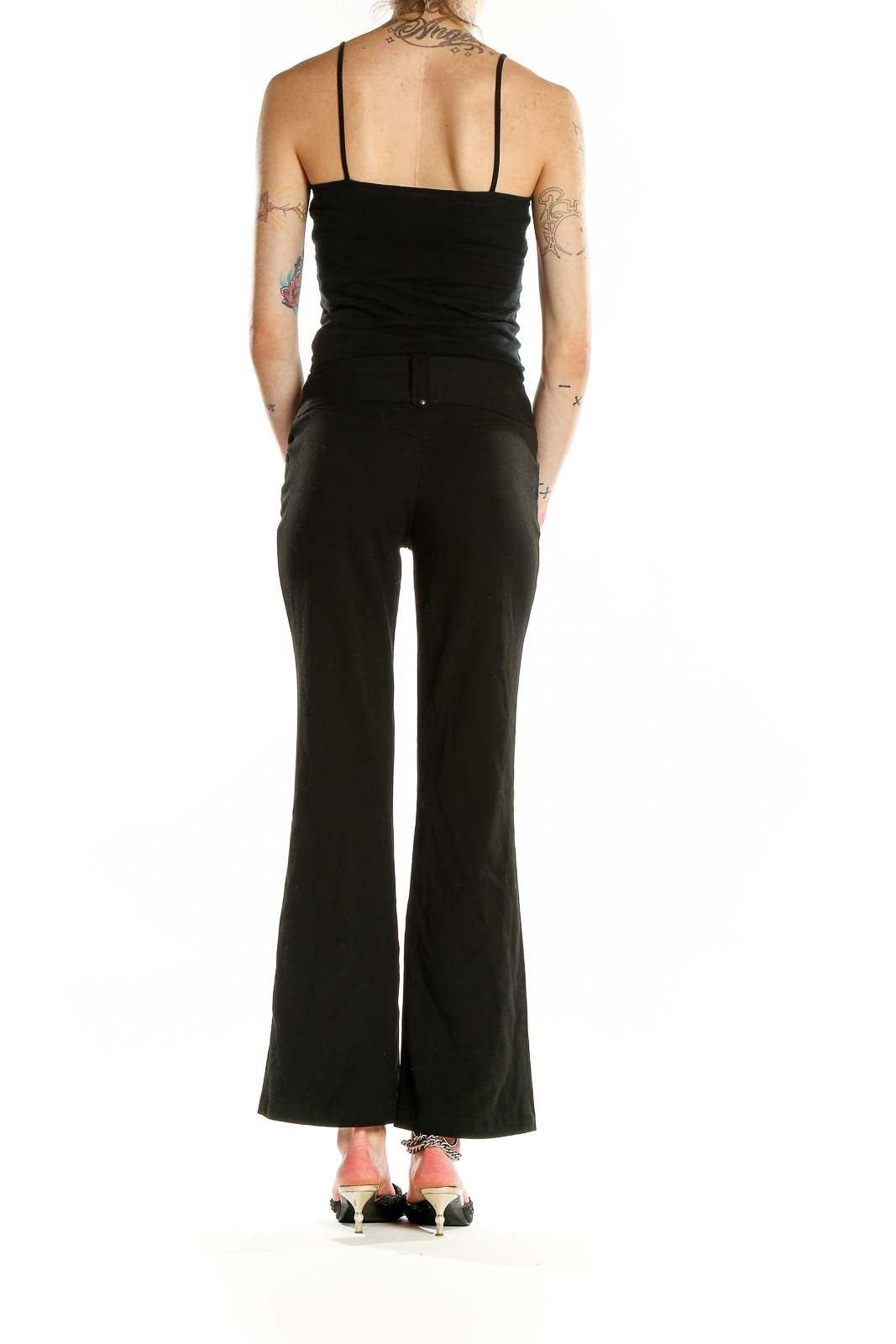 Back view of BCBG MaxAzria black wide-leg dress pants on model