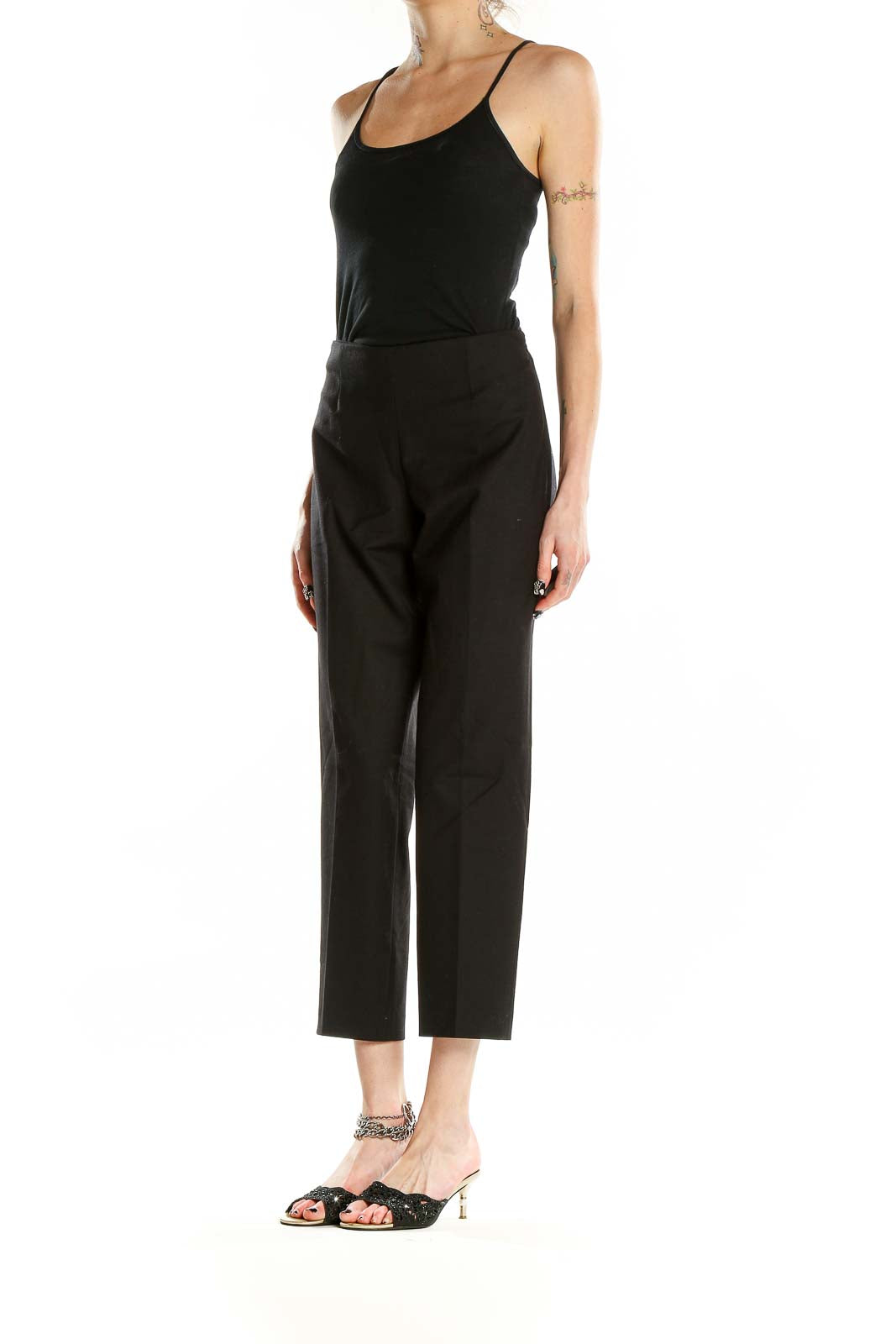 Front view of Theory black wool blend cropped trousers on model